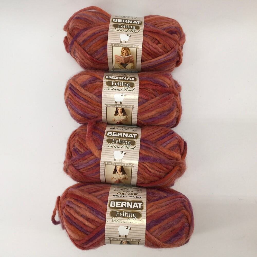 Bernat Felting Natural 100% Wool Yarn Gardenia Pink Orange Purple  *Lot 4 skein*